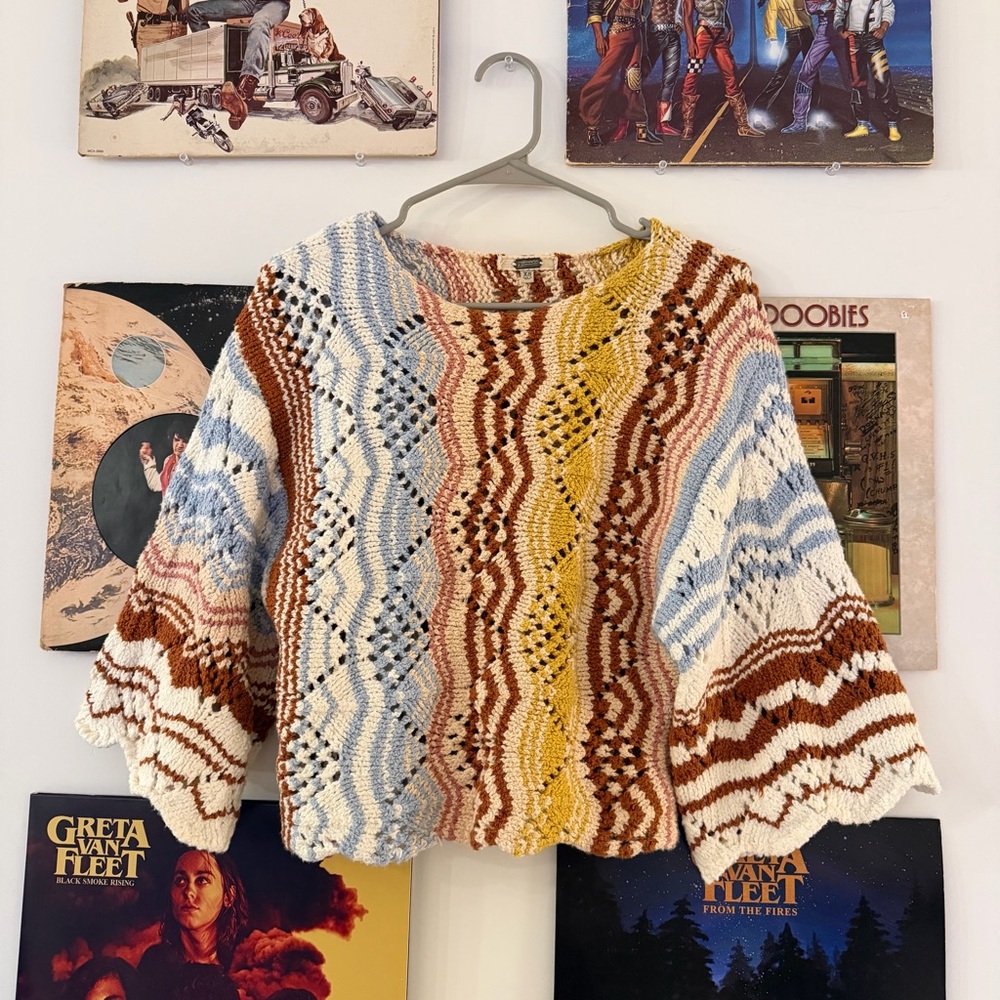 Gimmicks by BKE Cream and Brown Crochet Sweater